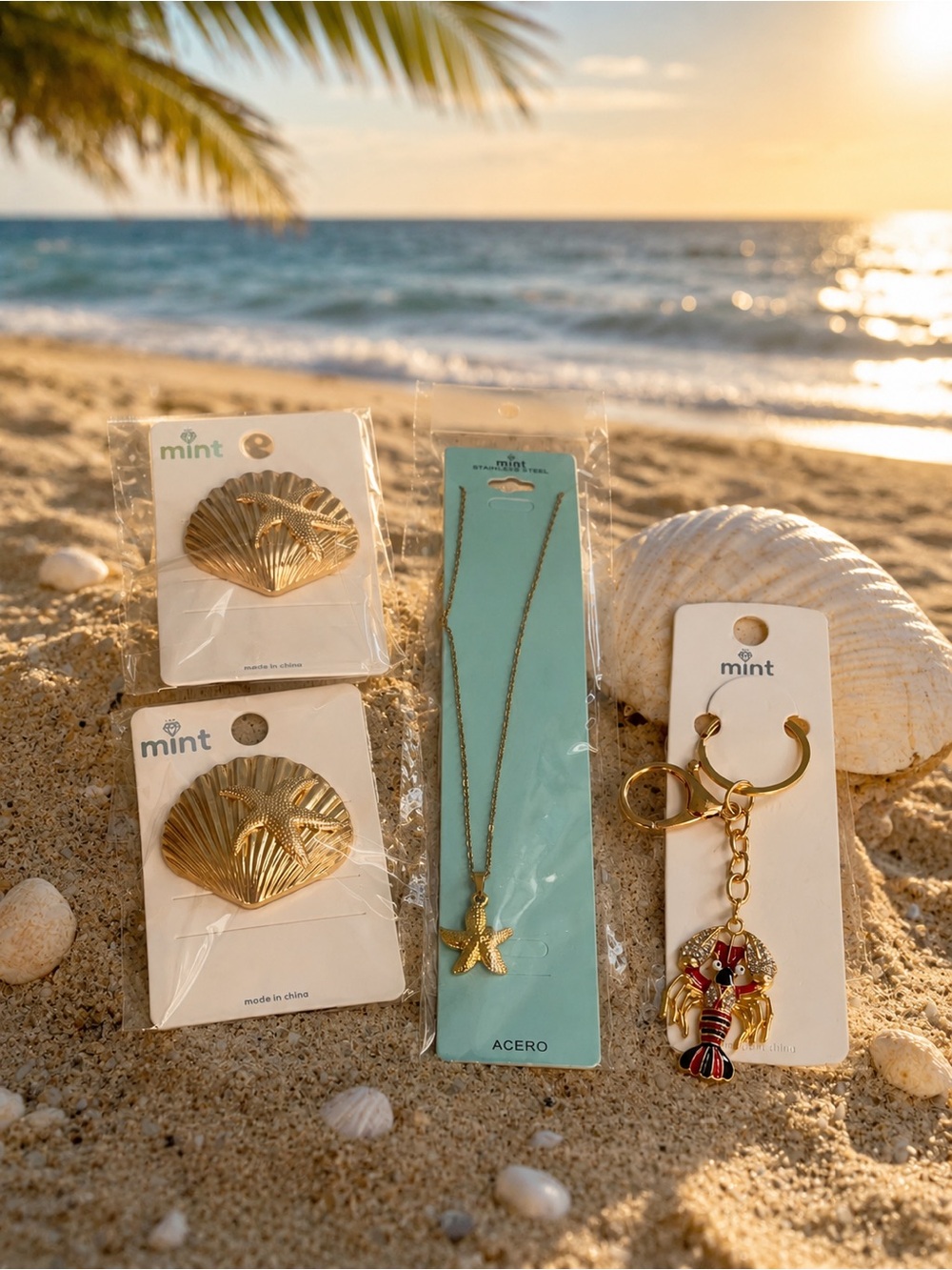 Mint Gold Seashell hair ties, Starfish Necklace & Lobster Key Holder/bag charm